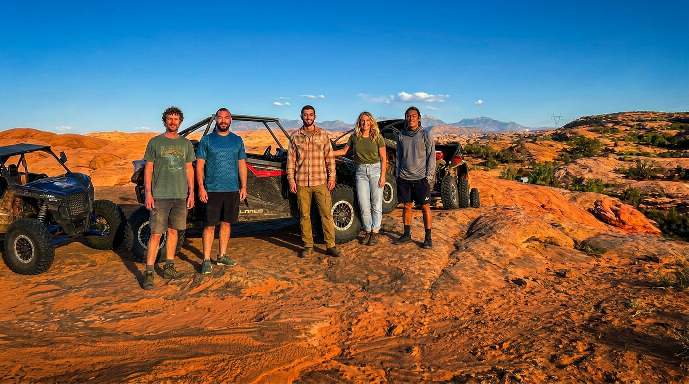 Group of friends with off-road buggies at sunset in Moab
