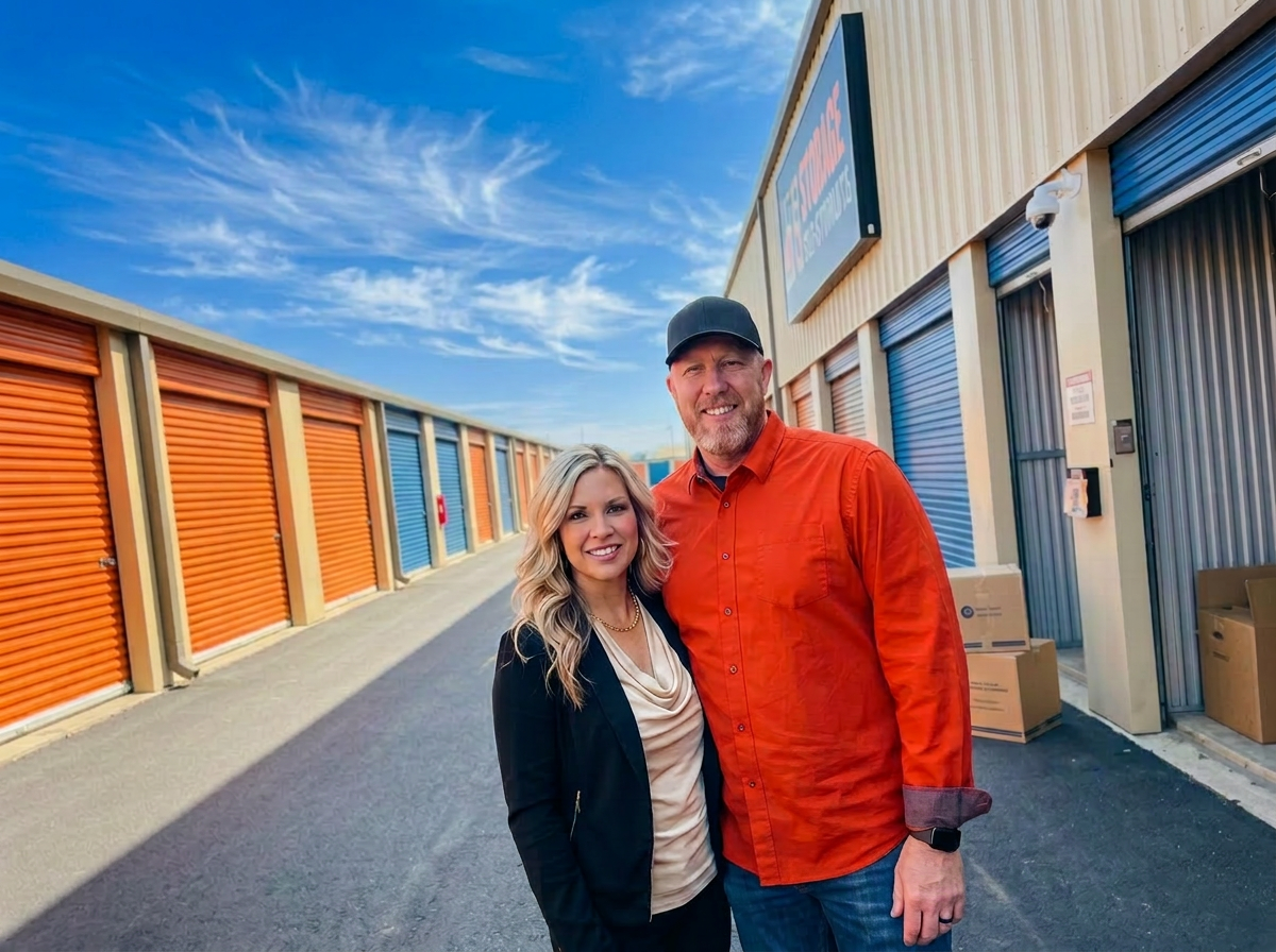 Commercial property management team outside storage facility